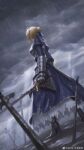  1girl ahoge alicia47638 armor armored_dress artoria_pendragon_(fate) blonde_hair blue_dress bow breastplate chinese_commentary cloud cloudy_sky commentary_request dress dutch_angle facing_away fate/grand_order fate_(series) foot_out_of_frame from_behind gauntlets greaves grey_sky hair_bow hair_bun highres holding holding_sword holding_weapon legs_apart light_rays outdoors planted planted_sword rain realistic saber short_hair sky solo standing sword torn_clothes weapon weibo_logo weibo_username wet wet_clothes 