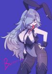  1girl animal_ears blue_background blue_eyes blue_hair boots breasts bunny_day chariki hair_over_one_eye highres indie_virtual_youtuber kutinawa large_breasts long_hair one_eye_covered playboy_bunny rabbit_ears revealing_clothes solo tongue tongue_out very_long_hair virtual_youtuber 