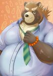  2022 anthro belly big_belly blush bodily_fluids brown_body canid canine clothing gyobu hi_res humanoid_hands jinku_56 kemono lifewonders male mammal necktie one_eye_closed overweight overweight_male raccoon_dog shirt solo sweat tanuki tokyo_afterschool_summoners topwear video_games 