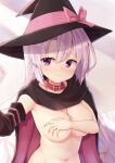  1girl ayachi_nene bangs black_cloak black_headwear bow breasts cloak collar collarbone covering covering_breasts grey_hair hair_between_eyes hat hat_bow highres large_breasts long_hair naked_cloak navel pink_bow purple_eyes red_collar sanoba_witch segaxtu selfie solo striped striped_bow upper_body witch_hat 