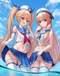  2girls absurdres bangs blonde_hair blue_eyes blue_sailor_collar blue_sky blush cameltoe cloud commentary day elbow_gloves fins_(pixiv29142276) from_below gloves hair_ribbon hat highres last_origin long_hair looking_at_viewer looking_down midriff multiple_girls navel neckerchief open_mouth panties pantyshot pleated_skirt red_eyes red_neckerchief revision ribbon sailor sailor_collar sailor_hat school_uniform serafuku sirene_(last_origin) skirt skirt_hold sky smile thetis_(last_origin) thighhighs twintails underwear very_long_hair wading water wet white_gloves 