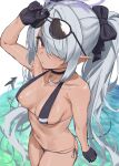  1girl areola_slip bangs bare_arms bare_shoulders bikini black_bikini black_choker black_gloves blue_archive blush breasts choker commentary_request dark-skinned_female dark_skin demon_tail eyewear_on_head from_above gloves grey_hair hair_over_one_eye hair_ribbon halo highres iori_(blue_archive) iori_(swimsuit)_(blue_archive) long_hair looking_at_viewer medium_breasts multi-strapped_bikini nipple_slip nipples nitro_(mugityaoisii) official_alternate_costume pointy_ears red_eyes ribbon side-tie_bikini solo string_bikini sunglasses swimsuit tail thighs twintails 