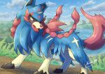  animal_focus cloud commentary_request day fangs highres no_humans open_mouth outdoors pokemon pokemon_(creature) signature sky solo standing tanpakuroom yellow_eyes zacian zacian_(hero) 