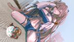  1girl absurdres anchorage_(azur_lane) azur_lane bangs blue_coat blush breasts coat crossed_bangs crying eagle_union_(emblem) food highres ice_cream kerla large_breasts light_brown_hair long_hair micro_shorts open_mouth ribbon_between_breasts shorts sleeves_past_fingers sleeves_past_wrists tearing_up tears very_long_sleeves wavy_mouth 