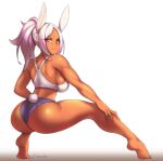  1girl animal_ears ass bangs bare_legs blue_panties boku_no_hero_academia breasts dark-skinned_female dark_skin from_behind hand_on_own_leg hevn large_breasts long_eyelashes looking_at_viewer looking_back mirko panties parted_bangs ponytail rabbit_ears rabbit_girl rabbit_tail red_eyes shiny shiny_skin sideboob smile solo sports_bra tail tail_through_clothes thick_thighs thighs toned twitter_username underwear wedgie white_background white_hair white_sports_bra 