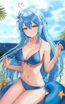  1girl arms_up beach bikini blue_hair blue_nails blue_sky blurry blurry_background blush breasts cleavage closed_mouth cloud collarbone crab day flower hair_flower hair_ornament highres hololive innertube large_breasts long_hair looking_at_viewer navel ocean outdoors pointy_ears sand sauvignon side-tie_bikini sitting sky smile solo starfish stomach string_bikini swimsuit thighs very_long_hair virtual_youtuber water_drop wet white_flower yellow_eyes yukihana_lamy 