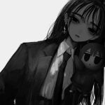  1girl bags_under_eyes collared_shirt ear_piercing earrings fumo_(doll) greyscale head_tilt highres jacket jewelry long_hair looking_at_viewer mole mole_under_eye monochrome multiple_piercings narue necktie original orthodox_cross parted_lips piercing shirt simple_background solo white_background wing_collar 