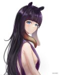 1girl absurdres artist_name bangs blue_eyes blush breasts dress from_side highres hololive hololive_english long_hair looking_at_viewer ninomae_ina&#039;nis purple_dress purple_hair sideboob small_breasts smile solo tentacle_hair vikar virtual_youtuber white_background 