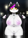  anthro areola big_areola big_breasts black_hair blush bodily_fluids breasts catti_(deltarune) chest_tuft chubby_female clothed clothing collar deltarune domestic_cat ear_piercing felid feline felis female fur genital_fluids hair hi_res huge_areola huge_breasts huge_nipples legwear looking_at_viewer mammal mdthetest mostly_nude nipples pentagram piercing presenting presenting_breasts pussy_juice slightly_chubby solo thigh_highs tuft undertale_(series) video_games white_body white_fur yellow_eyes 