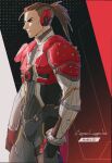  1boy apex_legends armor black_gloves bodysuit brown_hair clenched_hands copyright_name fade_(apex_legends) from_side gloves grey_bodysuit highres male_focus ponytail red_eyes shoulder_armor sketch solo thundergotch undercut v-shaped_eyebrows 