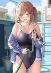  1girl bangs bare_shoulders black_swimsuit blue_jacket blurry blurry_background blush breasts brown_eyes brown_hair chain-link_fence collarbone commentary_request covered_navel cowboy_shot fence highres hose jacket large_breasts long_hair long_sleeves looking_at_viewer monaka_curl off_shoulder one-piece_swimsuit open_clothes open_jacket original outdoors parted_lips smile swimsuit twintails 