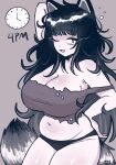  animal_humanoid big_breasts black_hair breasts cleavage clock clothed clothing digital_media_(artwork) eyebags eyelashes female fingers fur furniture hair hand_behind_head hand_on_butt hands_behind_back hi_res humanoid long_hair mammal mammal_humanoid markings megrocks messy_hair midriff navel one_eye_closed open_mouth panties pose procyonid procyonid_humanoid raccoon raccoon_humanoid shirt simple_background slightly_chubby smile solo tail_markings tank_top tongue topwear torn_clothing torn_shirt torn_topwear underwear wink 