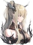  1girl arknights bare_shoulders blonde_hair breasts brown_eyes commentary highres horn_ornament horns large_breasts long_hair looking_to_the_side off_shoulder ponytail shining_(arknights) shining_(silent_night)_(arknights) sikinose_val simple_background sketch solo upper_body white_background 