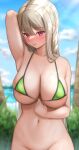  1girl :p areola_slip arm_behind_head arm_up armpits bangs beach bikini bikini_top_only blonde_hair blue_sky blurry blurry_background blush bottomless breasts cloud collarbone day grass green_bikini groin highres large_breasts lomocya long_hair looking_at_viewer micro_bikini navel nose_blush original outdoors palm_tree pink_eyes skindentation sky solo stomach straight_hair string_bikini swimsuit tongue tongue_out tree very_long_hair wet 