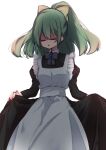  1girl alternate_costume apron bangs benia08 black_dress bow bowtie breasts closed_eyes commentary_request cookie_(touhou) cowboy_shot curtsey daiyousei diyusi_(cookie) dress enmaided green_hair grey_bow grey_bowtie hair_bow highres juliet_sleeves long_hair long_sleeves maid maid_apron open_mouth ponytail puffy_sleeves simple_background small_breasts solo touhou white_apron white_background yellow_bow 