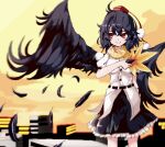  1girl bangs bird_wings black_hair black_skirt black_wings blush breasts closed_mouth commentary_request cowboy_shot feathers frilled_skirt frills hair_between_eyes hat hauchiwa highres medium_breasts pixel_art pom_pom_(clothes) puffy_short_sleeves puffy_sleeves red_eyes shameimaru_aya shirt short_hair short_sleeves skirt smile solo sparseseethe tokin_hat touhou white_shirt wings yellow_sky 
