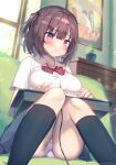  1girl artist_name ass bangs black_legwear blue_skirt blunt_bangs blurry blurry_background blush bow bowtie breasts brown_hair closed_mouth collarbone collared_shirt copyright_name couch feet_out_of_frame fighting_game hair_between_eyes hair_ornament hairclip holding indoors kneehighs large_breasts looking_at_viewer medium_hair melonbooks mintoaisu nail_polish on_couch panties pantyshot pink_nails pink_panties pleated_skirt purple_eyes red_bow red_bowtie school_uniform shirt short_sleeves sitting skirt socks solo sweatdrop two_side_up underwear uniform watermark white_shirt window 