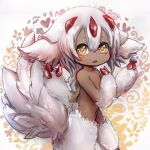  1girl claws dark_skin extra_arms faputa fewer_digits hair_between_eyes looking_at_viewer made_in_abyss monster_girl open_mouth shuaidianwang solo standing tail very_dark_skin white_fur white_hair yellow_eyes 