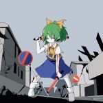  1girl ascot bangs blood blood_on_arm blood_on_face blue_eyes boots bow building closed_mouth colored_skin cookie_(touhou) daiyousei diyusi_(cookie) dual_wielding full_body green_hair hair_bow high-visibility_vest highres holding looking_at_viewer medium_hair no_entry_sign no_parking_sign one_eye_closed pixel_art ponytail road_sign ruins shirt short_sleeves sign solo sparseseethe touhou traffic_baton unusually_open_eyes white_footwear white_shirt white_skin yellow_ascot yellow_bow 