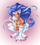  2022 4_toes 5_fingers animal_humanoid blue_eyes blue_hair breasts capcom claws darkstalkers feet felicia_(darkstalkers) felid felid_humanoid feline feline_humanoid female fingers fur hair hi_res humanoid long_hair looking_at_viewer mammal mammal_humanoid muscular muscular_female muscular_humanoid one_eye_closed rongs1234 signature simple_background smile solo tan_body tan_skin toes video_games white_body white_fur wink 