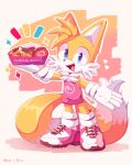  &lt;3 2022 5_fingers anthro apron blue_eyes blush canid canine clothing dipstick_tail fingers food footwear fox fur gloves handwear hi_res male mammal markings miles_prower nabii_blue open_mouth open_smile sega shoes signature simple_background smile solo sonic_the_hedgehog_(series) tail_markings tuft white_body white_fur yellow_body yellow_fur 