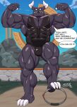  2022 abs absurd_res anthro barazoku bent_leg biceps big_muscles bulge claws clothed clothing cloud controller day dialogue dirt dragaux dragon english_text fence flexing front_view game_controller grass hi_res horn huge_muscles looking_at_viewer male motivation muscular muscular_anthro muscular_male nanbuskhan nintendo obliques outside pecs plant quads ring_fit_adventure rock scalie shrine signature sky smile solo standing talking_to_viewer teeth text tight_clothing vein veiny_muscles video_games wingless_dragon wrestling_singlet 
