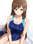  1girl blush breasts brown_eyes brown_hair cleavage collarbone competition_swimsuit covered_navel highres idolmaster idolmaster_cinderella_girls looking_at_viewer medium_breasts misaki_nonaka nitta_minami one-piece_swimsuit simple_background sitting smile solo straight_hair swimsuit wet wet_clothes wet_hair wet_swimsuit white_background 
