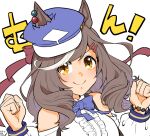  1girl amida_murasaki animal_ears breasts brown_hair cabbie_hat clenched_hands commentary_request ei_ei_mun! hair_ornament hairclip hat horse_ears horse_girl looking_at_viewer matikane_tannhauser_(umamusume) medium_breasts medium_hair portrait ribbon smile solo umamusume 