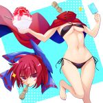  1girl bangs bikini black_bikini blue_bow blush_stickers bow cloak closed_mouth commentary_request disembodied_head dullahan food foot_out_of_frame hair_bow highres ice_cream muchin_jousha navel panties popsicle red_cloak red_eyes red_hair sekibanki sekibanki_day shaved_ice short_hair side-tie_panties smile solo swimsuit thigh_gap touhou underwear v-shaped_eyebrows 