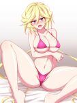  1girl bikini blonde_hair blue_eyes blush breasts carol_malus_dienheim covered_nipples groin large_breasts long_hair looking_at_viewer micro_bikini mole mole_under_eye navel open_mouth purple_bikini senki_zesshou_symphogear shiny shiny_hair shiny_skin skindentation solo spread_legs swimsuit underboob zetsumu 