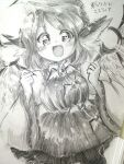  1girl animal_ears bird_ears bird_wings blush dress fingernails frilled_sleeves frills long_fingernails long_sleeves monochrome mystia_lorelei open_mouth photo_(medium) sharp_fingernails short_hair smile solo touhou traditional_media vu_(oyavun) wide_sleeves winged_hat wings 