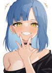  1girl bangs bare_shoulders binsen black_choker black_shirt blue_hair blunt_bangs blush breasts choker cleavage earrings flower_earrings grin hand_to_own_mouth highres idolmaster idolmaster_million_live! jewelry looking_at_viewer medium_breasts nanao_yuriko off-shoulder_shirt off_shoulder shirt simple_background smile solo upper_body white_background yellow_eyes 