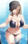  1girl bangs bare_arms baseball_cap bikini black_bikini black_headwear blue_eyes blush breasts brown_hair cameltoe cleavage cleavage_cutout clothing_cutout collarbone cowboy_shot dier_(girls&#039;_frontline) dima_(girls&#039;_frontline) genderswap genderswap_(mtf) girls&#039;_frontline groin halterneck hat head_tilt highres ka941 large_breasts long_hair navel open_mouth outdoors partially_submerged ponytail pool revision side-tie_bikini sidelocks smile solo standing stomach string_bikini swimsuit thighs water wet 