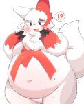  2022 anthro belly big_belly blush bodily_fluids cute_fangs exclamation_point kemono navel nintendo overweight pok&eacute;mon pok&eacute;mon_(species) question_mark red_body rokacake simple_background solo sweat video_games white_body zangoose 