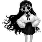  1girl bangs blunt_bangs closed_mouth collared_shirt cross cross_earrings earrings floating_hair hands_on_hips hat highres jewelry jitome long_hair looking_at_viewer miniskirt mole mole_under_eye narue neck_ribbon original orthodox_cross pleated_skirt ribbon shirt simple_background skirt solo very_long_hair white_background wing_collar 