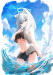  1girl animal_ears bikini black_bikini blue_archive blue_eyes blue_sky bright_pupils cat_ears cowboy_shot cross_hair_ornament gem_(symbol) grey_hair hair_between_eyes hair_ornament halo hand_up highres liu_liu long_hair mismatched_pupils navel outdoors shiroko_(blue_archive) sky smile solo split_mouth stomach swimsuit water white_pupils 