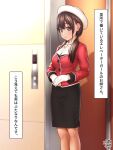  1girl black_skirt blurry blurry_background breasts brown_eyes brown_hair buttons closed_mouth daisy_mitsumata elevator elevator_girl feet_out_of_frame gloves hat highres jacket long_hair long_sleeves looking_at_viewer medium_breasts original red_jacket skirt smile solo standing translation_request uniform white_gloves white_headwear 
