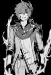  1boy bangs blood blood_on_face commentary dual_wielding earrings genshin_impact gloves greyscale grin holding holding_weapon injury jacket jewelry looking_at_viewer male_focus mask mask_on_head monochrome pants scarf simple_background single_earring smile solo tartaglia_(genshin_impact) togatamaki vision_(genshin_impact) weapon 