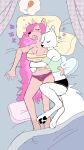  2021 :o anthro bed bedroom belly big_breasts black_clothing black_nose black_underwear blue_clothing blush blush_lines bodily_fluids bra breasts canid canine clothing cuddling curled_hair digital_media_(artwork) dream drooling duo embrace eyes_closed female female/female fluffy fluffy_hair fur furniture green_clothing hair hair_over_eye hi_res hug long_hair magna_(puppkittyfan1) mammal multicolored_hair navel on_bed one_eye_obstructed open_mouth orange_body orange_ears orange_fur pawpads paws pillow pink_clothing pink_hair pink_underwear puppkittyfan1 saliva simple_background sleeping slightly_chubby smile sound_effects spread_legs spreading tammy_(puppkittyfan1) tan_belly thick_thighs trans_(lore) trans_woman_(lore) two_tone_hair underwear white_background white_body white_fur white_hair yellow_clothing zzz 