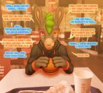  anthro asinus black_eye_(injury) bruised burger choko_(chokodonkey) chokodonkey clothing dialogue donkey eating eating_food equid equine fast_food_restaurant fingers food hoodie hooved_fingers hooves male mammal punk_hair solo speech_bubble topwear 