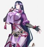  1girl armor bangs black_gloves bodysuit breasts elbow_gloves fate/grand_order fate_(series) fingerless_gloves gloves highres japanese_armor kote large_breasts long_hair looking_at_viewer minamoto_no_raikou_(fate) parted_bangs pelvic_curtain purple_bodysuit purple_eyes purple_hair ribbed_sleeves rope solo tabard tassel u_5ham0 very_long_hair 