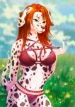  2016 anthro bikini black_eyebrows black_nails black_nose black_spots breasts canid canine canis clothing cloud colored_nails dalmatian day detailed_background domestic_dog eyebrows female fur gesture grass green_eyes hair hi_res humanoid_hands jaizub kara_the_dalmatian long_hair mammal middle_finger nails navel orange_hair outside plant red_bikini signature sky solo spots spotted_body spotted_fur swimwear white_body white_fur 