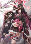  1girl absurdres bangs black_gloves black_hair black_kimono blue_archive blurry blurry_background closed_mouth colored_inner_hair fingerless_gloves fire floral_print fox_mask garter_straps gloves gun halo hand_up highres holding holding_gun holding_mask holding_weapon japanese_clothes kimono kimono_skirt long_sleeves looking_at_viewer mask multicolored_hair nullsaki_uta obi sailor_collar sash single_thighhigh smile solo thigh_strap thighhighs wakamo_(blue_archive) weapon wide_sleeves yellow_eyes 