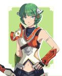  1girl absurdres armor blue_legwear bow_(weapon) braid breastplate clothing_cutout ememtrp fingerless_gloves gauntlets gloves green_background green_eyes green_hair hair_ornament highres juniper_(xenoblade) medium_hair navel navel_cutout orange_armor pale_skin self_upload simple_background smile weapon xenoblade_chronicles_(series) xenoblade_chronicles_3 