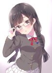  bangs black_eyes black_hair braid glasses grey_eyes highres ichigomilk1515 long_hair love_live! love_live!_nijigasaki_high_school_idol_club low_twintails nakagawa_nana nijigasaki_academy_school_uniform school_uniform semi-rimless_eyewear swept_bangs twin_braids twintails yuuki_setsuna_(love_live!) 