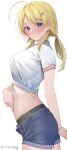  1girl absurdres ahoge bangs blonde_hair blue_eyes blush breasts closed_mouth commentary_request crop_top denim denim_shorts hachimiya_meguru hair_ornament hairclip highres idolmaster idolmaster_shiny_colors kawai_ritsu_(rits_meg) large_breasts long_hair looking_at_viewer low_twintails midriff shirt shorts simple_background solo star_(symbol) star_hair_ornament twintails twitter_username white_background white_shirt 