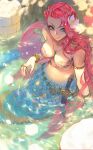  1girl artist_name bangle bare_shoulders bracelet breasts flower green_eyes hair_flower hair_ornament highres jewelry knife long_hair mermaid monster_girl morry navel necklace original partially_submerged pearl_bracelet pink_hair ring scales solo 