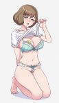  1girl barefoot blue_eyes blush bra breasts brown_hair cleavage clothes_lift condom delicious_party_precure kneeling legs looking_at_viewer mature_female open_mouth othel_(hatimorris) panties precure pubic_hair shinada_an shirt_lift short_hair simple_background solo underwear 