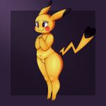  2022 absurd_res anthro chest_tuft female fur hi_res mammal mouse murid murine nintendo nude pikachu pok&eacute;mon pok&eacute;mon_(species) rodent shy simple_background slightly_chubby smile solo thick_thighs tuft video_games wisty yellow_body yellow_fur 