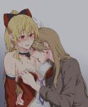  ... 2girls bangs black_bow blonde_hair blush bow breasts brown_hair cleavage collarbone collared_shirt commentary_request couple detached_sleeves earrings gem granblue_fantasy grey_background grey_shirt hair_between_eyes hair_bow heart high_ponytail highres jewelry katalina_(granblue_fantasy) licking licking_breast long_hair medium_breasts miso-ha_(ukyuu) multiple_girls open_mouth purple_ribbon red_bow red_eyes red_gemstone red_sleeves ribbon shiny shiny_hair shirt simple_background sketch speech_bubble spoken_ellipsis spoken_heart straight_hair strapless sweatdrop tongue tongue_out two-tone_bow upper_body very_long_hair vira_(granblue_fantasy) wing_collar yuri 